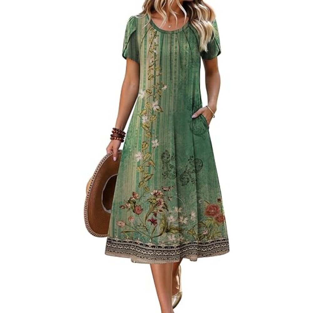 Women Boho Green Floral Blend Crew Neck A Line Short Sleeve Midi Dress
